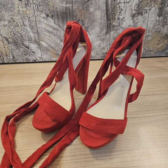 Allegra K Women's Open Toe Soft Lace Up Platform Block Heel Sandals red 6 US - Picture 6 of 6